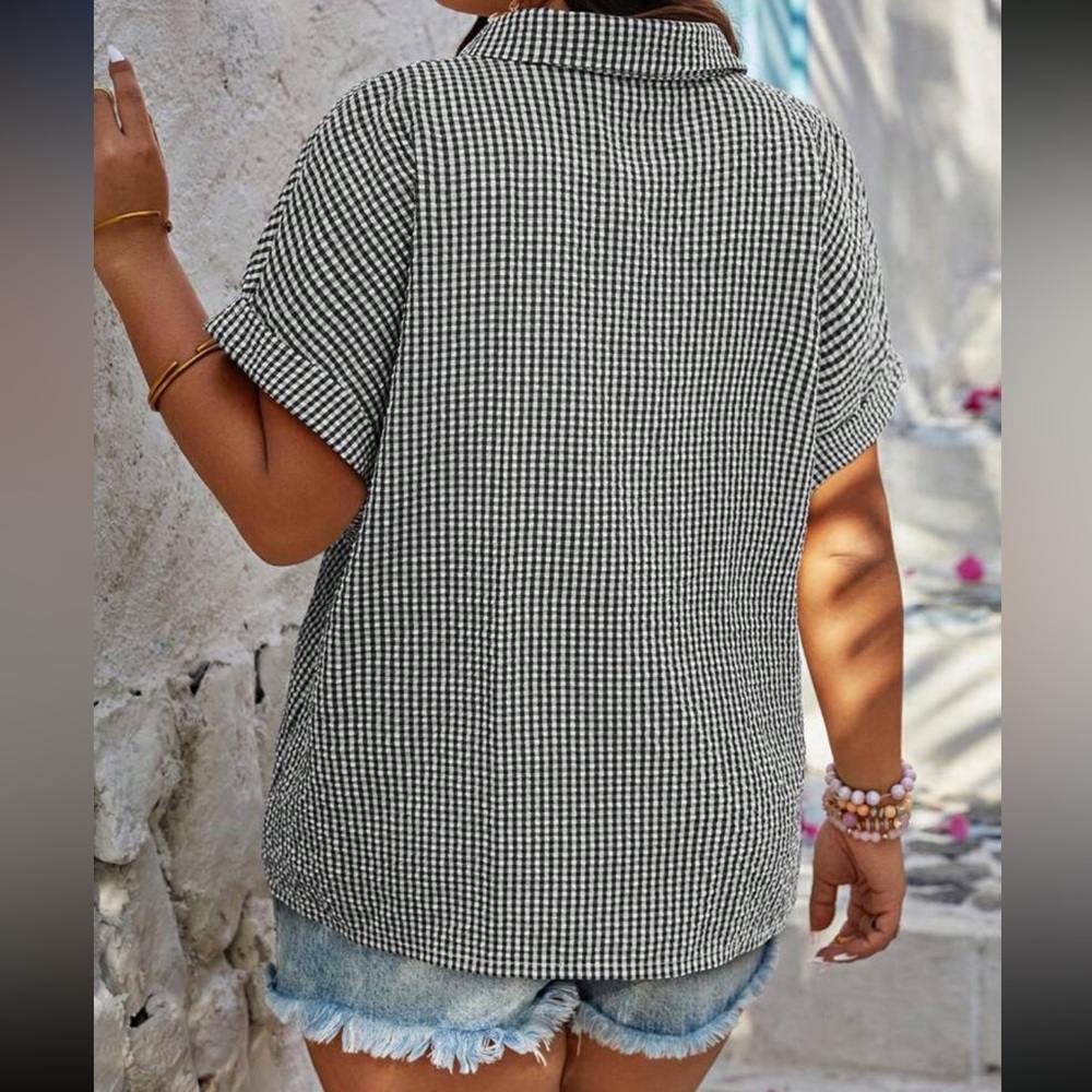 Plus Size Gingham Plaid Button Up Down Shirt Top Blouse Black White - Picture 2 of 4